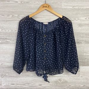 L8ter Dark Blue Polka Dot Front Tie Crop Blouse